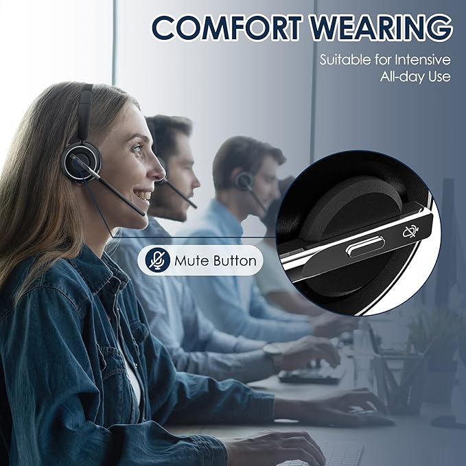 PrancyBt Upgraded Wireless Headset with Mic for Work, Bluetooth Headset with Noise Canceling Microphone with Dongle, Charging Base & Mic Mute, Wireless Headphones for Work from Home/PC/Computer