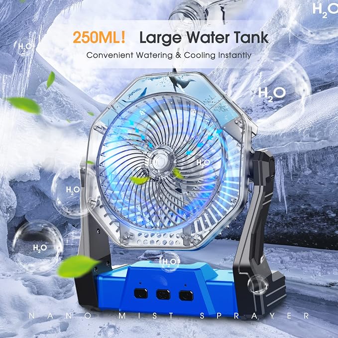 Ausic Portable Misting Camping Fan, 8" Outdoor Cooling Fan with LED Light, Water Spray, Hook, [Max 35H] Battery Operated Rechargeable Fan for Sports Sidelines, Patio, Beach, Tent, Travel