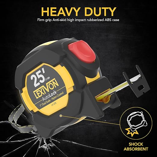 LEXIVON [2-Pack] 25Ft/7.5m AutoLock Tape Measure | 1-Inch Wide Blade with Nylon Coating, Matte Finish White & Yellow Dual Sided Rule Print | Ft/Inch/Fractions/Metric (LX-205X2)
