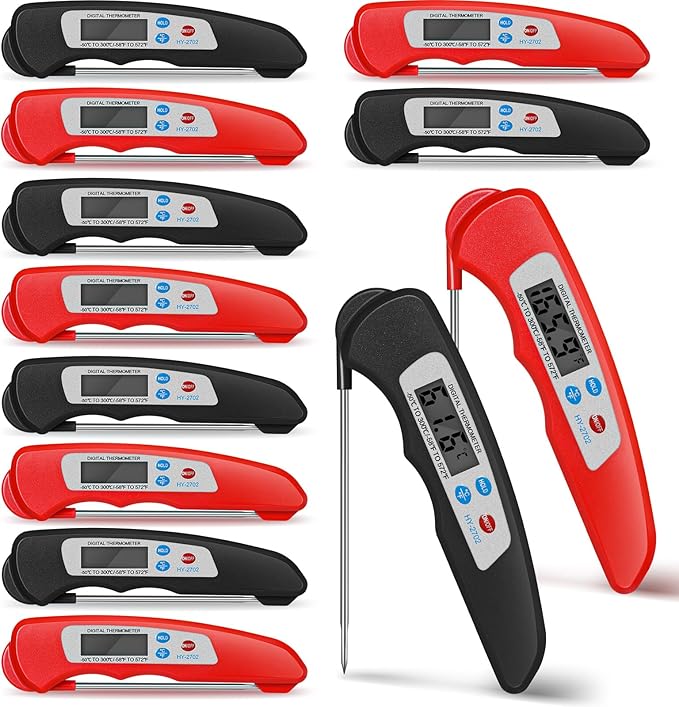 Xuhal 12 Pcs Digital Meat Thermometer with Probe Waterproof Instant Read Foldable Food Thermometer with Magnet for Kitchen Grilling Cooking Turkey Baking BBQ(Black, Red)