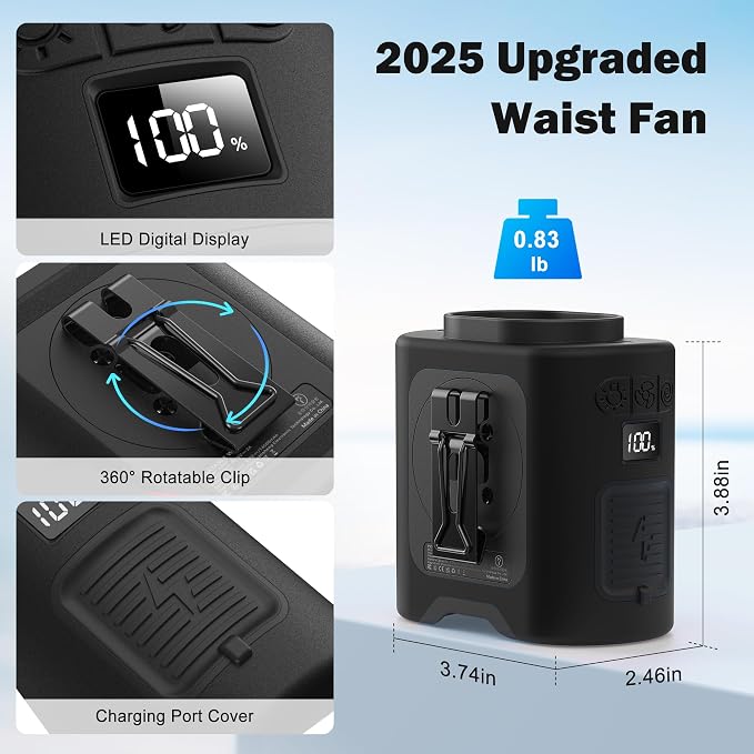 KITWLEMEN Portable Waist Fan, Father Day Gifts for Husband Dad, Blue Collar Worker Belt Clip Fan with Light, Essentials for Camping Gardening, 67H 14500RPM Rechargeable Cooling Gadgets for Men 2026