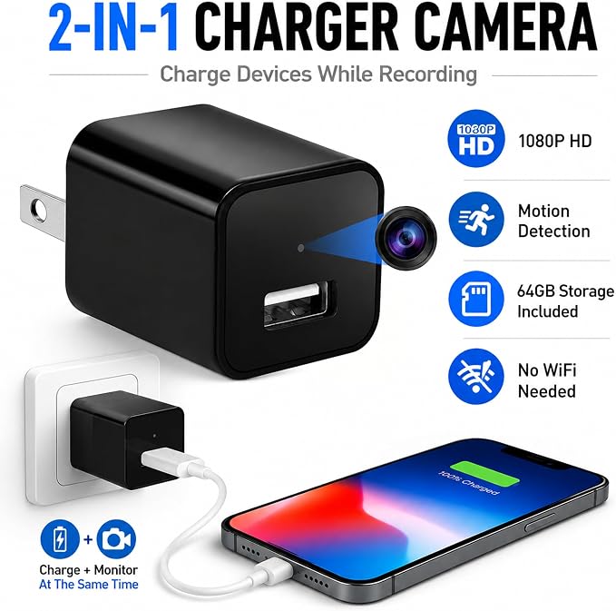 64G USB Charger Hidden Camera, 1080P Motion Detection Indoor Security Camera with SD Card Included, No WiFi/Monthly Fee, 106° Wide Angle, Local Storage Home Monitoring Device (2026 Upgraded)