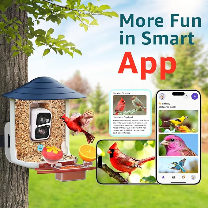 birdsnap® TUC Bird Feeder with Camera 2K HD Live with 32GB Card Auto Detect & Notify AI Identify Camera Birds Feeders Solar Powered Wireless Outdoors Backyard Gift for Mom Dad Birds Lover, 2.4G WiFi