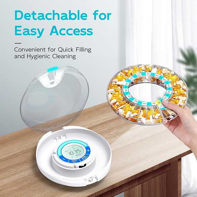 Daviky Automatic Pill Dispenser for Elderly with Alarm, 28-Day Electronic Locked Pill Box, Sound & Light Reminders for Medication, Vitamins, and Supplements