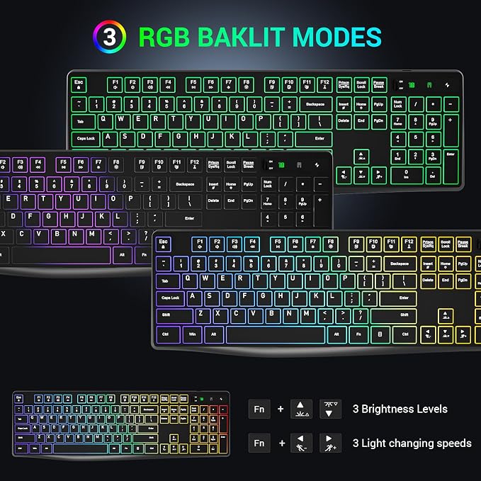 Wireless Keyboard and Mouse Combo, Lovaky 2.4G Full-Sized Ergonomic Keyboard Mouse, 3 DPI Adjustable Cordless USB Keyboard and Mouse, Quiet Click for Computer/Laptop/Windows/Mac (RGB Rainbow, 1 Pack)