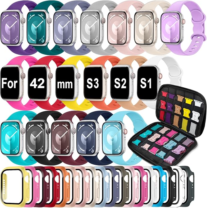 18 Pack Sport Band Compatible with Apple Watch Bands 40mm 41mm 42mm 44mm 45mm 46mm for Women Men,Silicone iWatch Bands with Screen Protector Case for iWatch 10 9 8 7 6 5 4 SE (Select the Right Size)