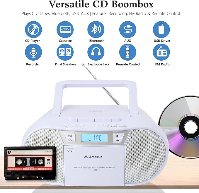 Boombox CD Player Portable, Cassette Player Combo with CD MP3 Bluetooth AUX TF USB FM Radio AC/DC Powered, Boom Box with Remote Control, Headphone Jack, Stereo Sound for Home,Kids,Gift