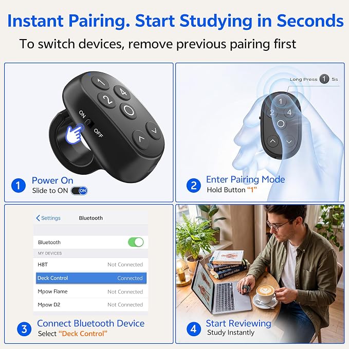 Anki Remote Clicker Ring, Zero-Setup Hands-Free Study Deck Controller with Up & Down Navigation Buttons, Rechargeable Wireless Flashcard Remote for iPhone, iPad, Mac, Android & Windows