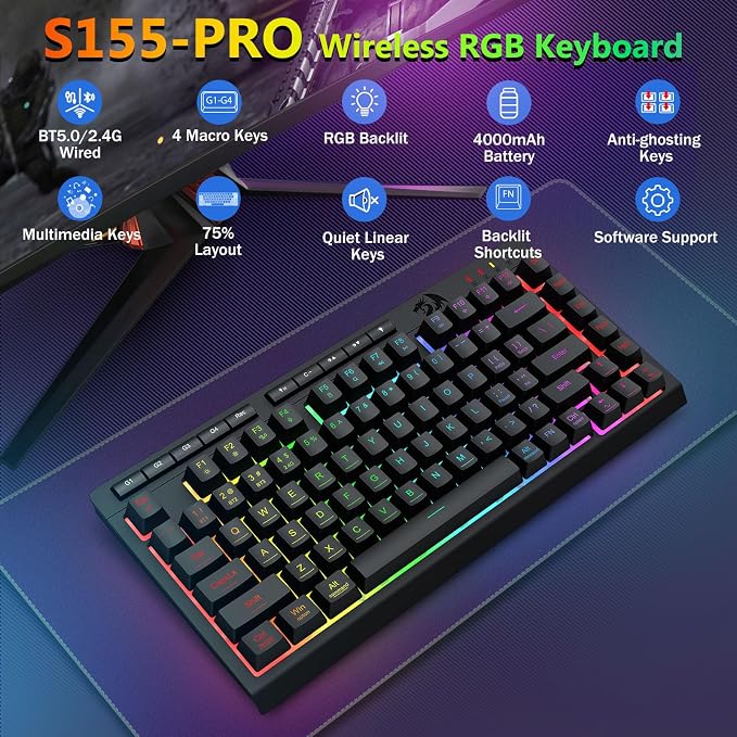Redragon Wireless Gaming Keyboard and Mouse Combo, Bluetooth/2.4G/USB-C Wired, RGB Backlit, 75% Portable Quiet Rechargeable Macro Membrane Keyboard & 12800 DPI Mouse with Software for Win/MAC