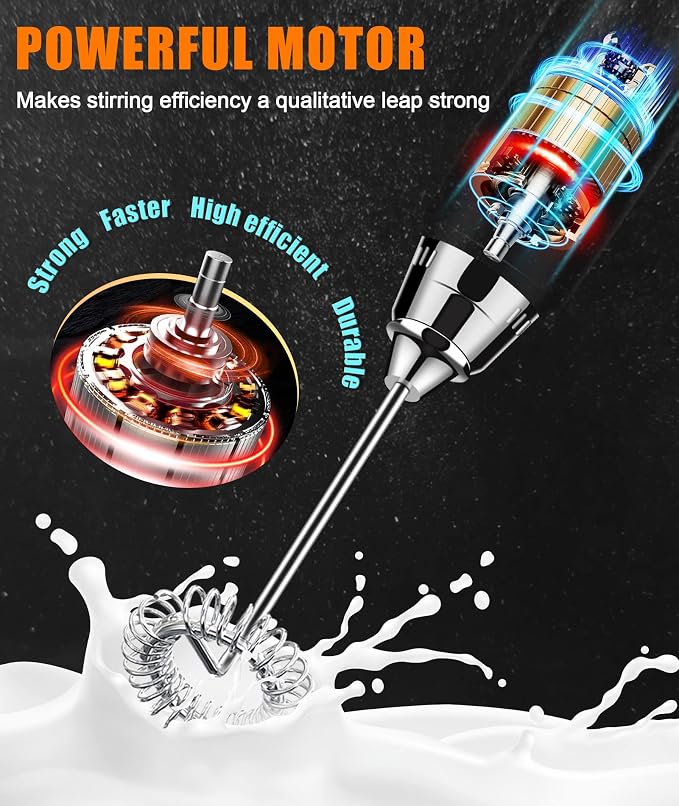 YUSWKO Rechargeable Milk Frother for Coffee with Stand, Handheld Drink Mixer with 3 Heads 3 Speeds Electric Stirrers for Latte, Cappuccino, Hot Chocolate, Egg