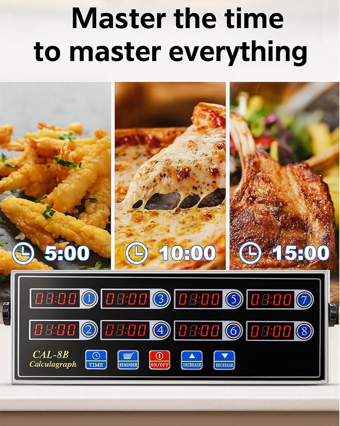 Commercial 8 Channels Digital Kitchen Timer, Stainless Steel Calculagraph Timer with Loud Alarm for Restaurant, Clock Reminder on Multiple Events
