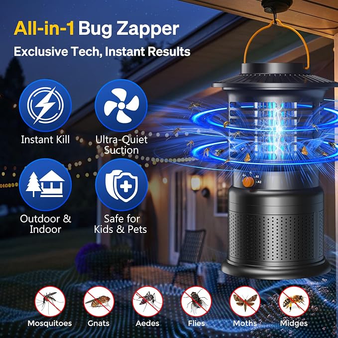 Cordless Bug Zapper Outdoor, Rechargeable Mosquito Zapper with 10,000mAh Battery & Dual Zap + Suction Trap | Quiet, Waterproof Electric Fly Zapper for Patio, Bedroom, Kitchen