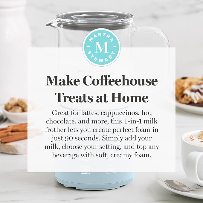 Martha Stewart Milk Frother and Steamer, 10oz/300ml Glass Cup, 4 Presets (Cold Foam, Light, Dense & Hot Chocolate), Ready in 90 Seconds, Cordless Pouring, One-Touch for Hot and Cold Milk, Sky Blue