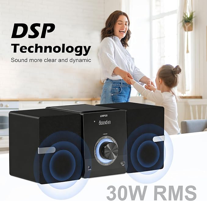 Compact Stereo System Speakers with CD Player, Bluetooth, FM Radio, Aux-in, USB-in, Earphone Jack, DSP-Tech, Remote, 30W Crisp-Sound Shelf Stereo System for Home (LP-886)