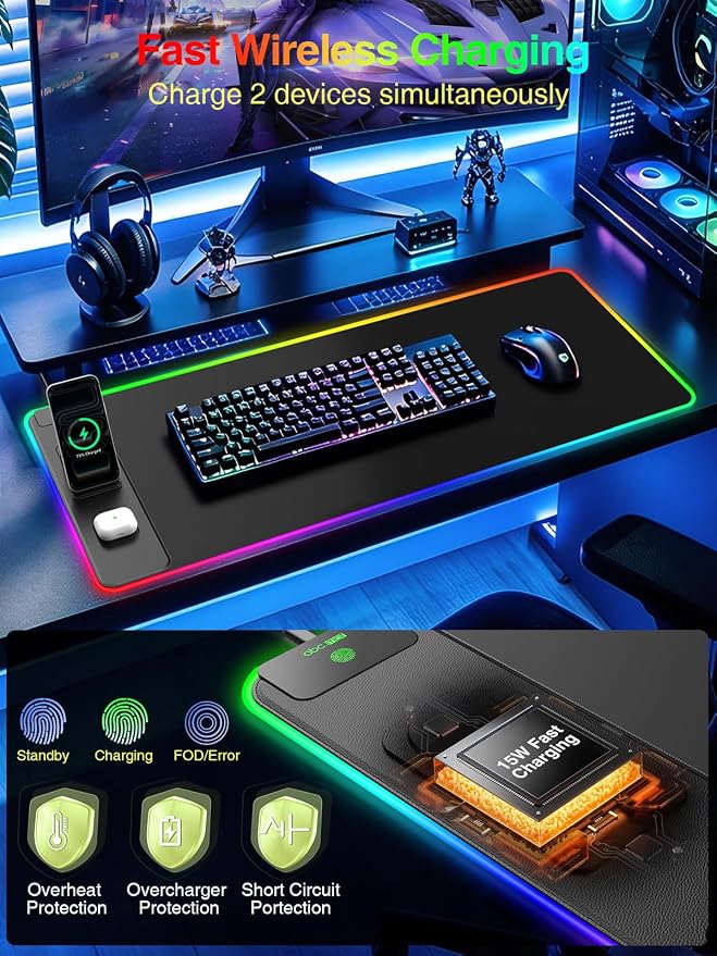 RGB Gaming Mouse Pad with Magnetic Wireless Charging & Phone Stand, 31.5"x15.8" Large, 25 Light Effects, Non-Slip Base, Waterproof Ultra-Smooth Surface, No Adapter