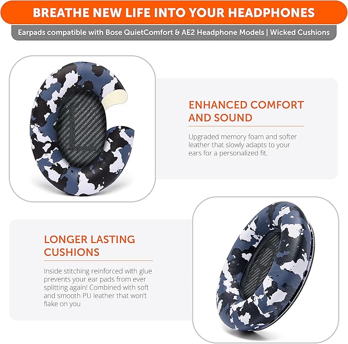WC Wicked Cushions Upgraded Replacement Ear Pads for Bose QC35 & QC35ii (QuietComfort 35) Headphones & More - Softer Leather, Luxurious Memory Foam, Added Thickness, Extra Durability | Snow Camo