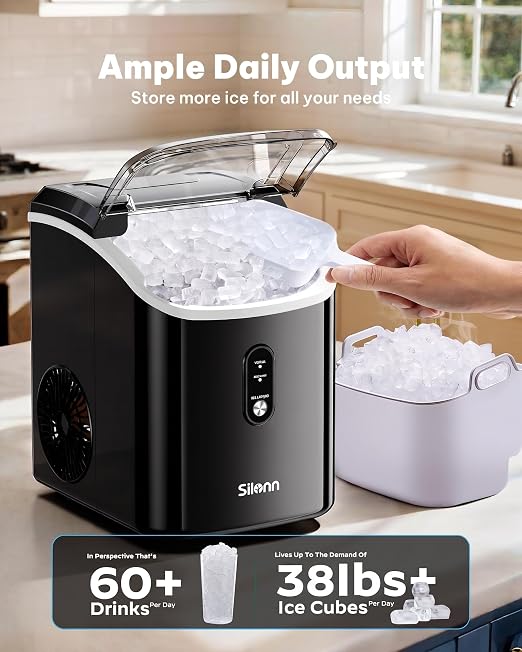 Silonn Nugget Ice Makers Countertop, 38lbs/24H Chewable Pellet Ice Machine with Self Cleaning Function, Portable Pebble Ice Maker with Ice Scoop for Home Kitchen Office, Black