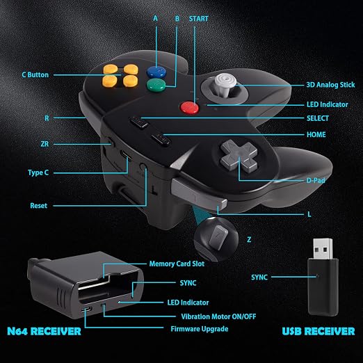 2 Pack Wireless N64 Switch Online Controller, with 2.4 GHz USB & N64 Receivers, Compatible with Windows PC macOS, N64 Console / Switch / NSO - (Rechargeable) (Plug and Play) (Built-in Rumble) (Black)