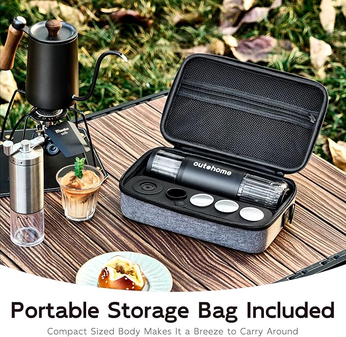 outohome Portable Electric Espresso Machine,15 Bar Self Heating Outdoor Coffee Maker, Travel Coffee Machine for Camping With Ground Coffee and NS Capsule for RV, Office,Car Coffee with carry Bag