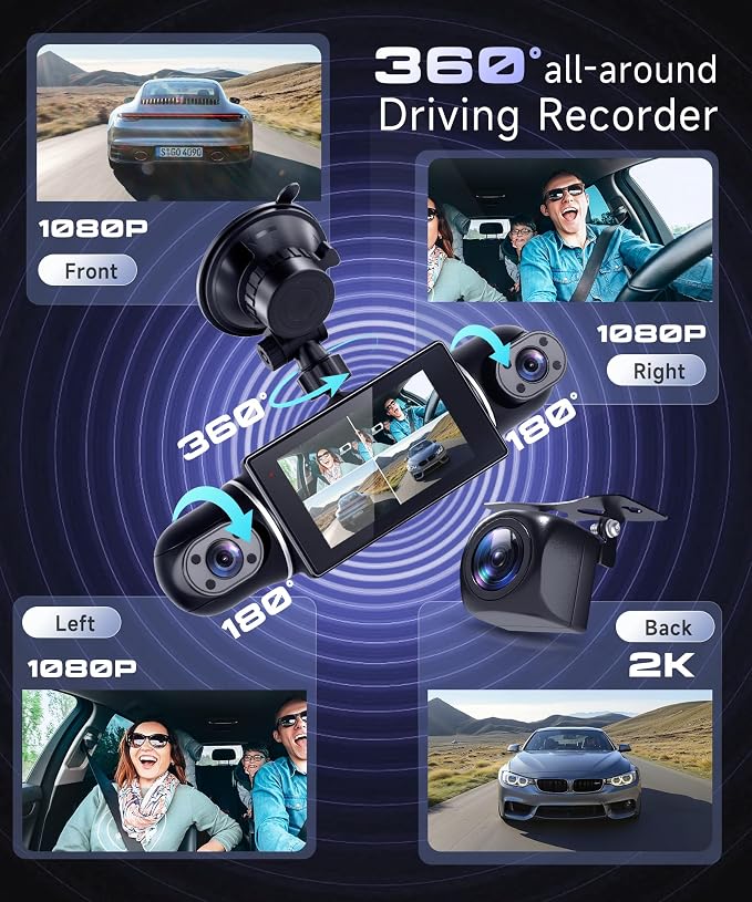 360° Dash Cam Front/Rear/Inside/Side 4-Channel Dash Camera FHD 2K+1080P×3 Car Dash Cam with WiFi, APP Control, 128GB SD Card Included, 8 IR Night Vision, G-Sensor, 24/7 Parking Mode