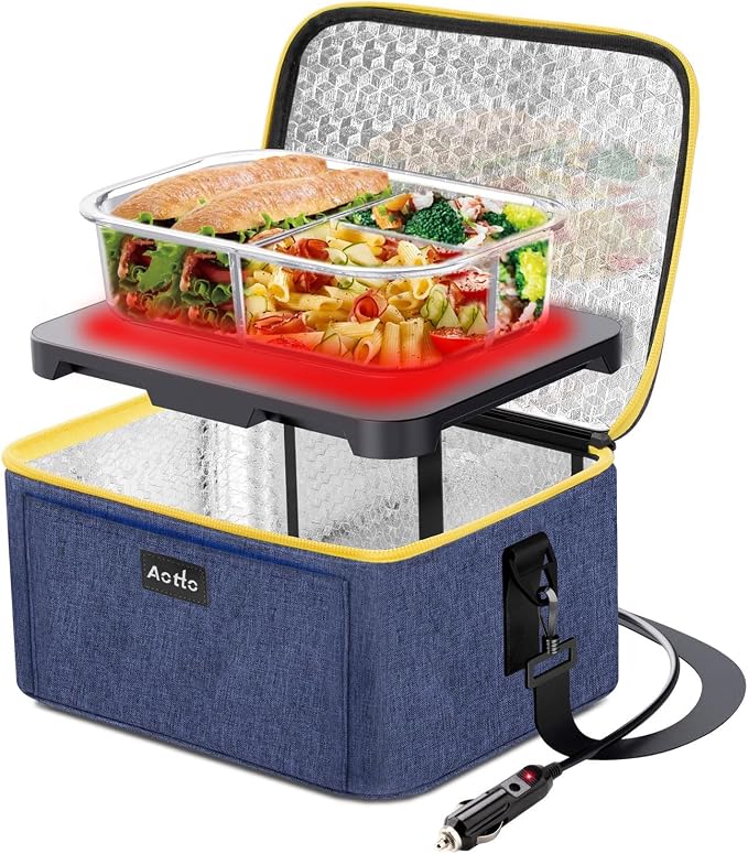 Aotto Heated Lunch Box Food Warmer - 12V/24V 2-in-1 Car Food Warmer with Vehicle Plug - Mini Portable Electric Lunch Box Heater for Men and Women - Reheat & Keep Meals Warm On the Go - Navy Blue