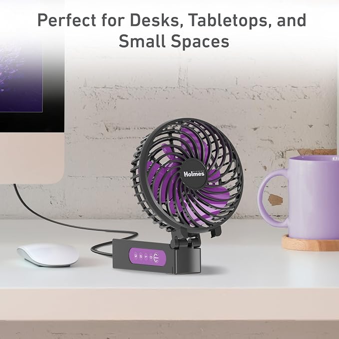 HOLMES 4" Portable Handheld Fan – 3 Speeds, Rechargeable, USB-C, 180° Adjustable, Lightweight, Compact, for Home, Office, Travel – Black, 1-Year Limited Warranty