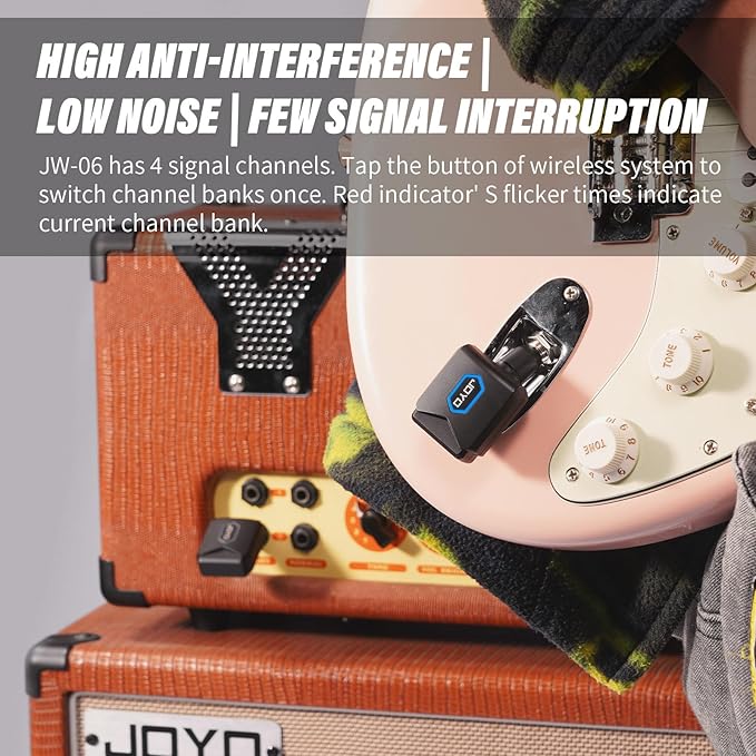 JOYO Wireless Guitar System 5.8GHz Wireless Guitar Transmitter Receiver with Charging Box 4 Signal Channel for Guitarist Bass Electric Instruments (JW-06)