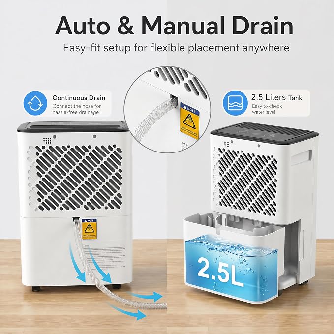 AIRPLUS 2500 Sq.Ft Dehumidifier for Basement, 30 Pints Dehumidifiers for Home with Drain Hose, Quiet Smart Humidity Control for Bedroom, Bathroom with Auto Shut Off, Dry Clothes, 24H Timer