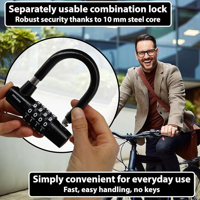 KOHLBURG Cable Lock 6.5ft / 2 Meter Long with Code – 79” / 200cm Combination Lock – Steel Cable Lock with Hook & Loop Straps – Steel Cable with Number Padlock for Bicycle, Garden Furniture & Bike Lock
