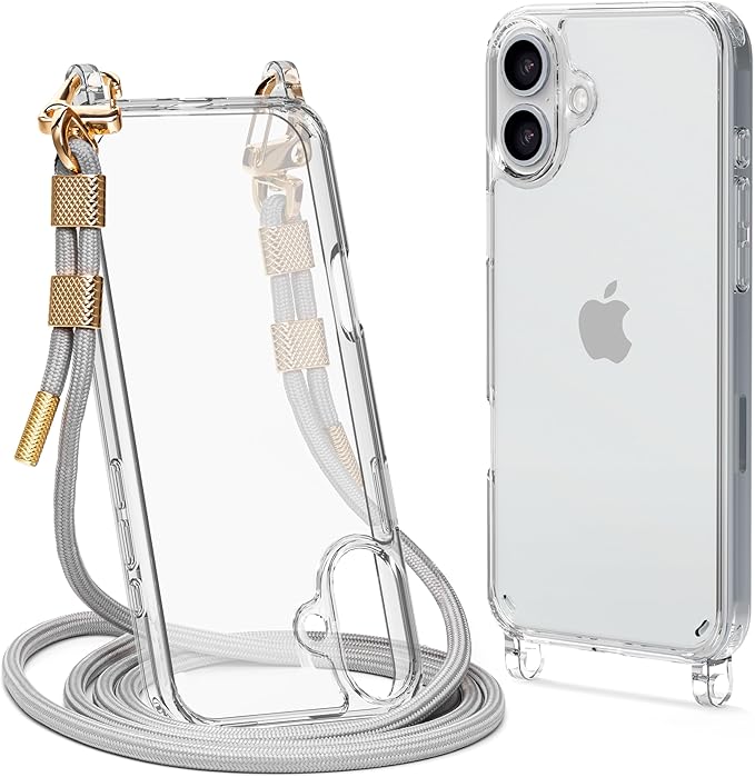 for iPhone 16 Case with Strap, Clear Shockproof Crossbody Phone Cover w/Removable Anti-Theft Adjustable Lanyard for Women, Travel, Shopping, Hiking (6.1", Grey)