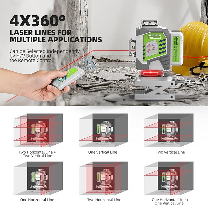 Huepar Pro Laser Level, 16 Lines Self-Leveling 4x360 Red Beam Cross Line Laser Tool, High Accuracy Professional 4D Tiling Floor Laser Level with Rechargeable Li-ion Battery & Hard Carry Case, ZK04CR