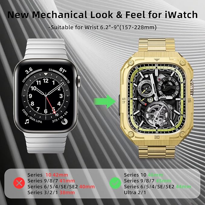 Fashion Stainless Steel Case and Band Compatiable for 44mm Apple Watch Band Men -Solid Metal iWatch Bumper Case and Strap iWatch Bands Series 6 5 4 SE 3/2/1,Gold