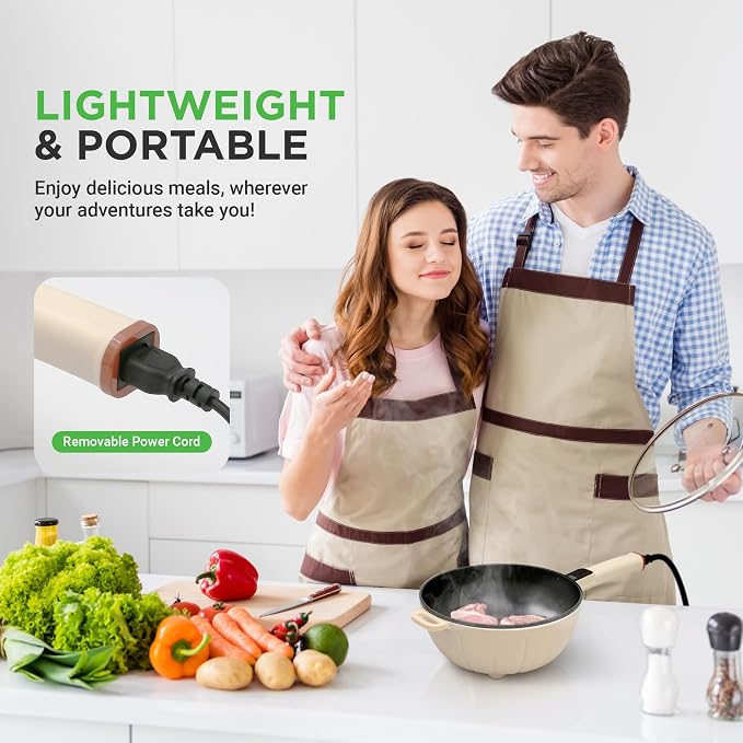 NutriChef 2 In 1 Electric Frying Pan & Steamer 8 Quarts | Portable Non-Stick Skillet for Cooking | Durable Heat Safe Handle | Touch Control Panel | 7 Cooking Functions & Electric Hot Pot | White