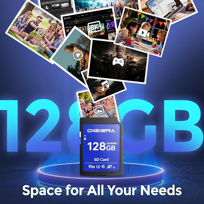 DIGIERA 128GB LSU200 SDXC UHS-II Memory Card - up to 300MB/s, C10, U3, V90, 8K, SD Card for Computers, Digital Cameras, Home Theatre Devices, Car Navigation Systems (1 Pack)