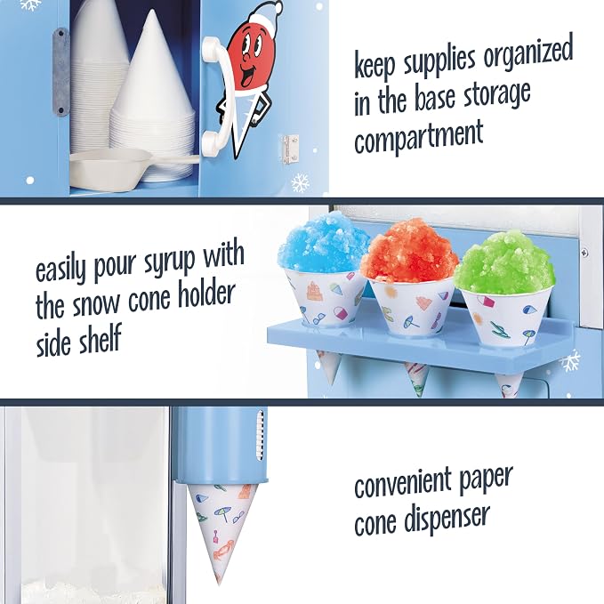Nostalgia Snow Cone Shaved Ice Machine - Retro Cart Slushie Machine Makes 72 Icy Treats - Includes Metal Scoop, 2 Syrup Bottles, 100 Paper Cups/Spoons, Storage Compartment, Wheels - Blue, 54" Tall