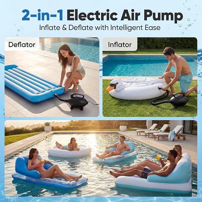 Electric Air Pump, 400W Quick-Fill Inflator/Deflator, 110–120V AC with 4 Nozzles, High-Pressure Fast Inflate for Air Mattress, Pool Floats, Rafts & Gymnastics Air Track, Overheat Protection