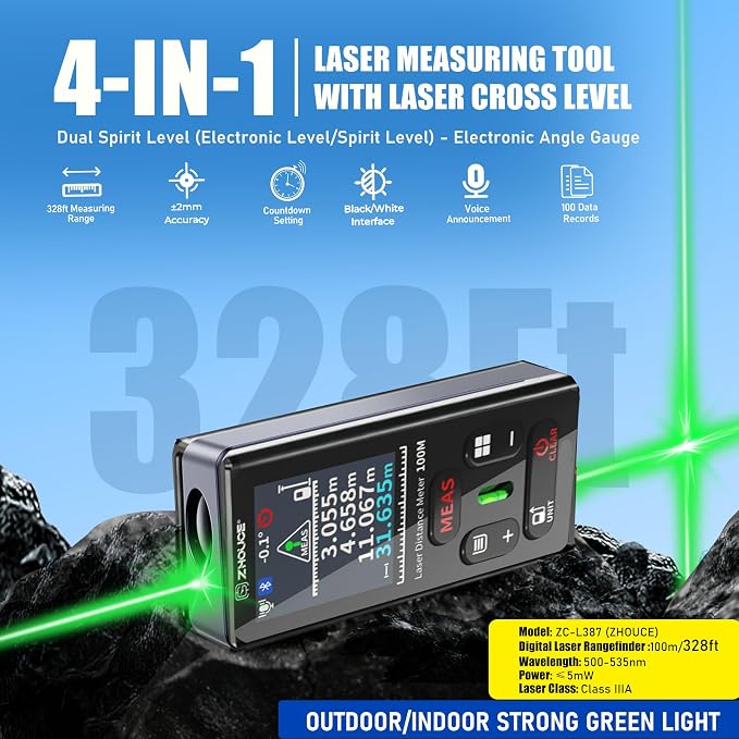 ZC-L387 Laser Measuring Tool 328Ft /100m Dual Green Laser Rangefinder Green Crosshair Laser Measuring Tool Backlit LCD Display Rechargeable Laser Rangefinder/Length/Volume/Area/Voice (m/Ft/in)
