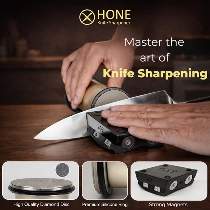𝗛𝗢𝗡𝗘 𝗞𝗻𝗶𝗳𝗲 𝗦𝗵𝗮𝗿𝗽𝗲𝗻𝗲𝗿 Engineered in Canada, Kitchen Rolling Knife Sharpener with Ball Bearings, Detachable Dual-Sided Diamond Plates, Small Knives Slot, 20° & 15° Precision Sharpening