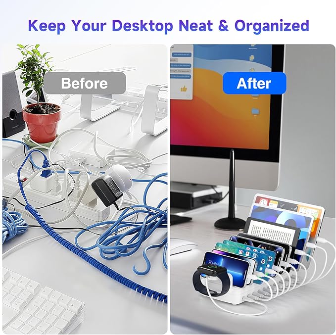 320W Charging Station for Multiple Devices, 10 Ports Fast Multi-Device Charger Organizer Compatible with MacBook Pro Laptop, iPhone, Android, Ipad, Tablet, Kindle, Family Multi-Device Charging Dock