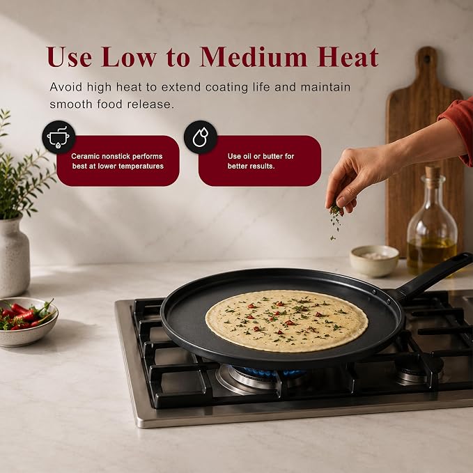 Alva Ceramic Nonstick Crepe Pan 11 Inch Flat Griddle Pan for Crepes, Pancakes, Eggs & Tortillas, PFAS-Free Aluminum Frying Pan, Induction Compatible Black, Dosa Tawa, Roti, Chapati Skillet