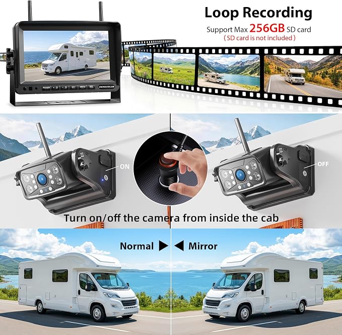 ZEROXCLUB Magnetic Wireless RV Backup Camera System: 7" HD 1080P DVR Monitor with 2-Rear Camera, DVR Monitor & IR Night Vision, Portable Rechargeable Camera for RV/Trailer/Fifth Wheels/Camper BC702