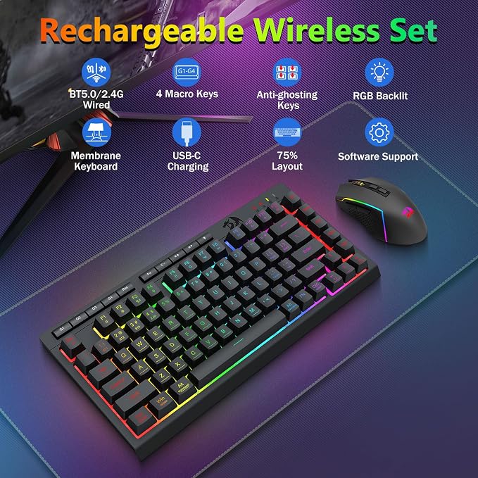 Redragon Wireless Gaming Keyboard and Mouse Combo, Bluetooth/2.4G/USB-C Wired, RGB Backlit, 75% Portable Quiet Rechargeable Macro Membrane Keyboard & 12800 DPI Mouse with Software for Win/MAC