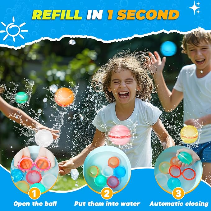 16PCS Reusable Water Balloons, Refillable Silicone Bath Pool Beach Toys for Kids, Quick Fill Self-Sealing Splash Balls for Outdoor Water Fun Summer Family Games