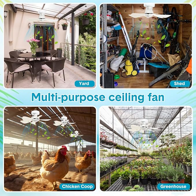 2 Set Solar Ceiling Fan Light Kit 16.5”, 25W Outdoor Solar Powered Gazebo Fans with 3 Color Light and Remote Control, Portable Fan for Patio Canopy Shed Rv Porch Chicken Coop Camping Tent