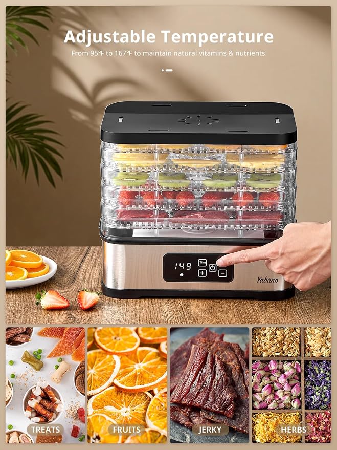 Yabano Food Dehydrator Machine for Home Use, 250W Electric Dryer with Adjustable Timer & Temperature Control, 5 Trays - Digital Presets for Fruit, Meat, Herbs, Jerky