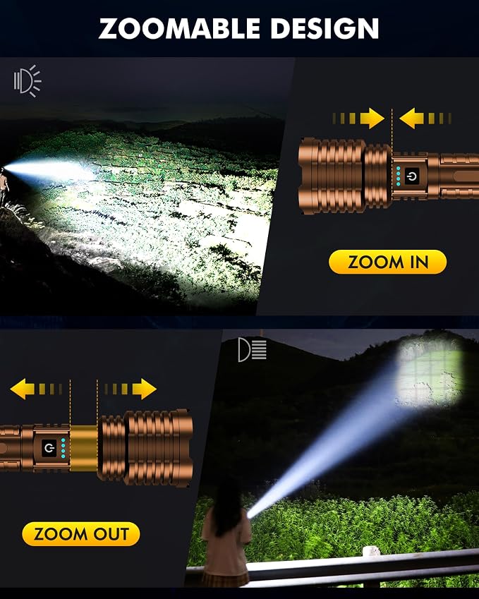 baibian Rechargeable Flashlight 100,000 High Lumens, Super Bright Flashlights high Powered, Handheld Waterproof Tactical LED Flashlight-Zoomable 5 Modes-31H Runtime for Emergency Camping (Coffee)