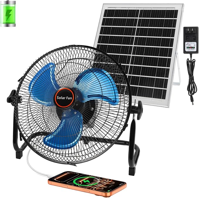 GOESWELL Solar Powered Fan for Outdoor:12inch Floor Solar Fan with USB Rechargeable Battrey Portable Metal Blades 360° Tilt Timer for Camping Pool Pavilion Lake Chicken Coop Travel Greenhouse Dog