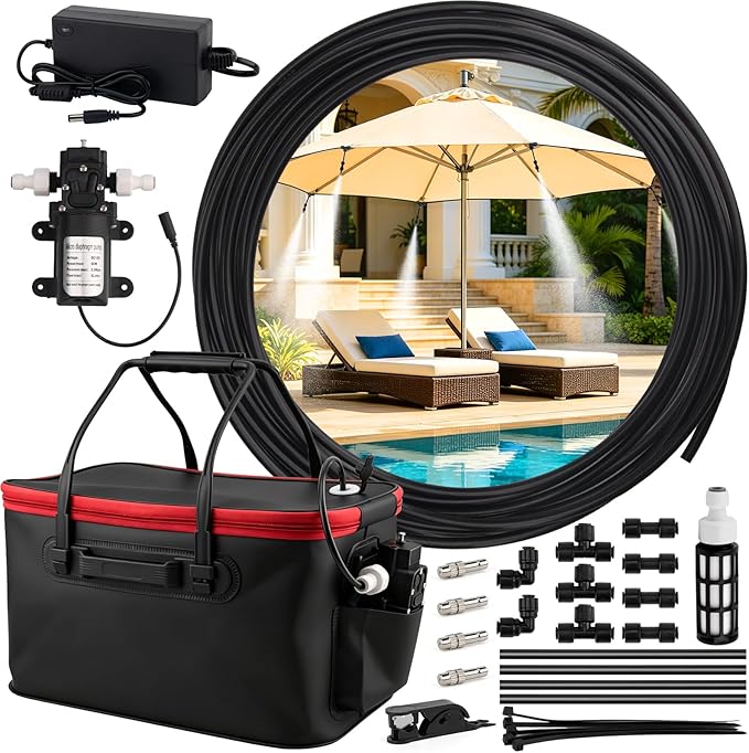 Misting System, Portable Misting System with 20FT/6M Hose, 20L Water Bucket, Water Pump, Filter, Nozzles for Outside Patio Cooling, Canopy, Umbrella, Camping