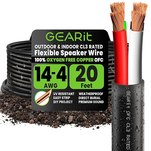 GEARit 14 Gauge Speaker Wire Cable,UL CL3 Rated 14 Gauge Wire 20ft,Copper Wire with Polarity Mark,Audio Cable for in-Wall,Home,Car,Outdoor,Garden,Commercial Audio Systems,OFC(Black,4-Conductors)