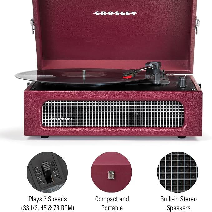 Crosley CR8017B-BU Voyager Vintage Portable Vinyl Record Player Turntable with Bluetooth in/Out and Built-in Speakers, Burgundy